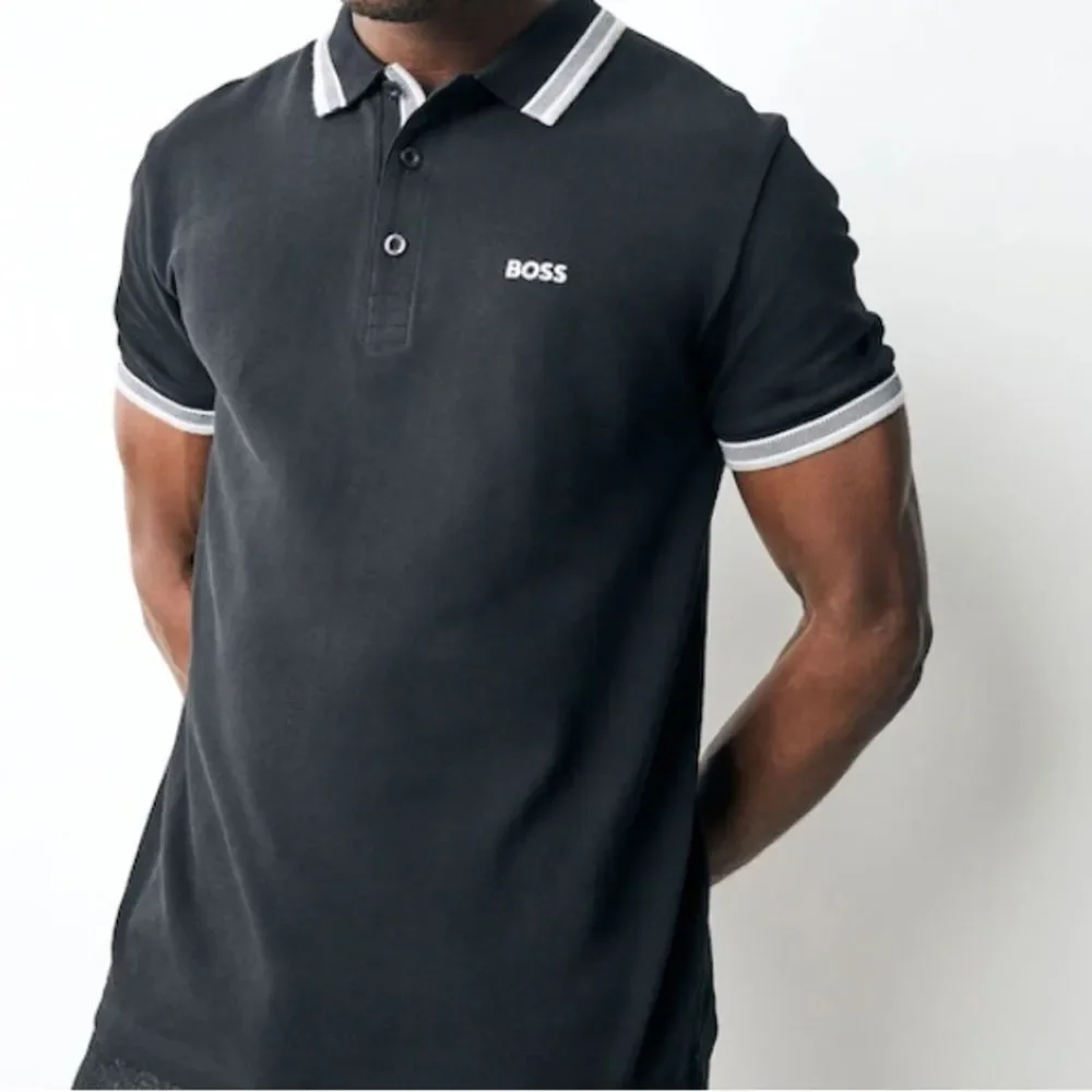BOSS Black Chrome Regular Fit Paddy Tipped Collar Polo Shirt, Black, Medium, NWT